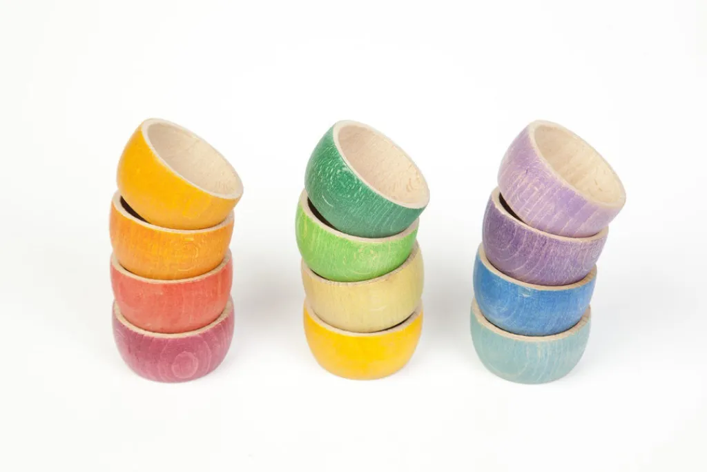 Grapat 12 houten kommetjes - regenboogkleuren - Best