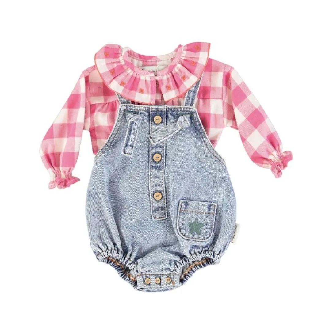 Piupiuchick Baby romper - Washed light blue denim -