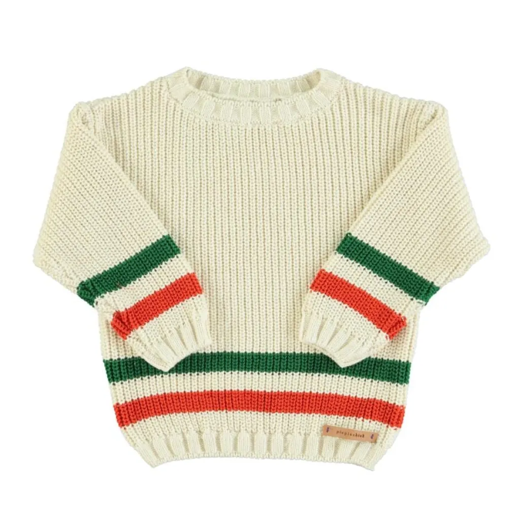 Piupiuchick Gebreide sweater - ecru met multicolor streepjes - Sale