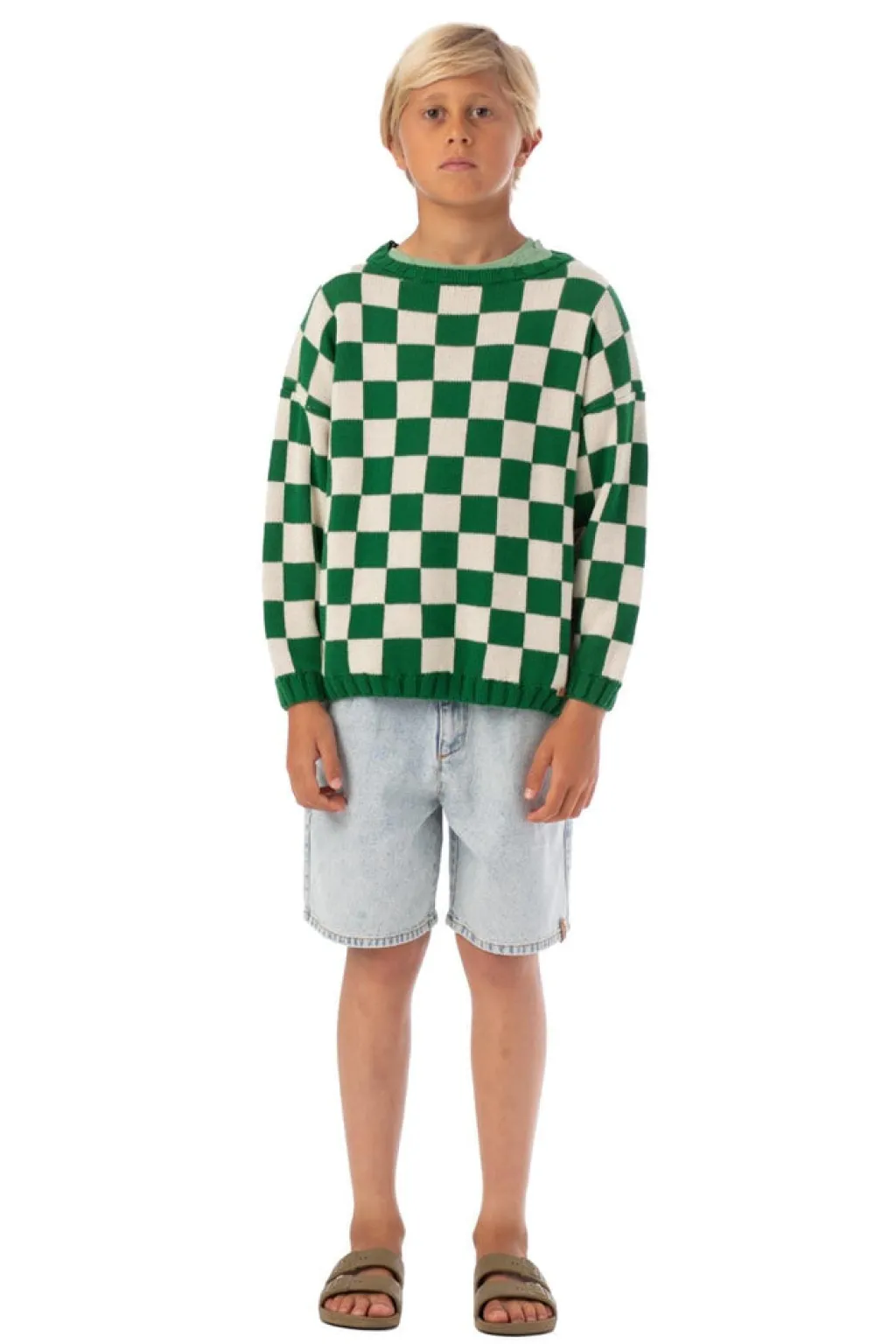 Piupiuchick Gebreide sweater - ecru met groen geblokt - New