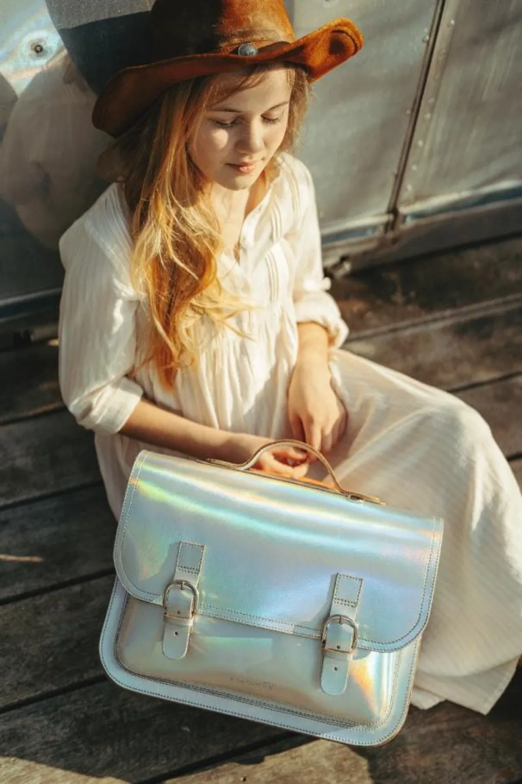 Own Stuff Lederen boekentas met gespen - Silver - Discount