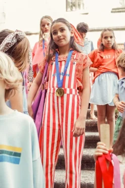 Piupiuchick Tuinbroek - witte & rode strepen met "eighties"-print -